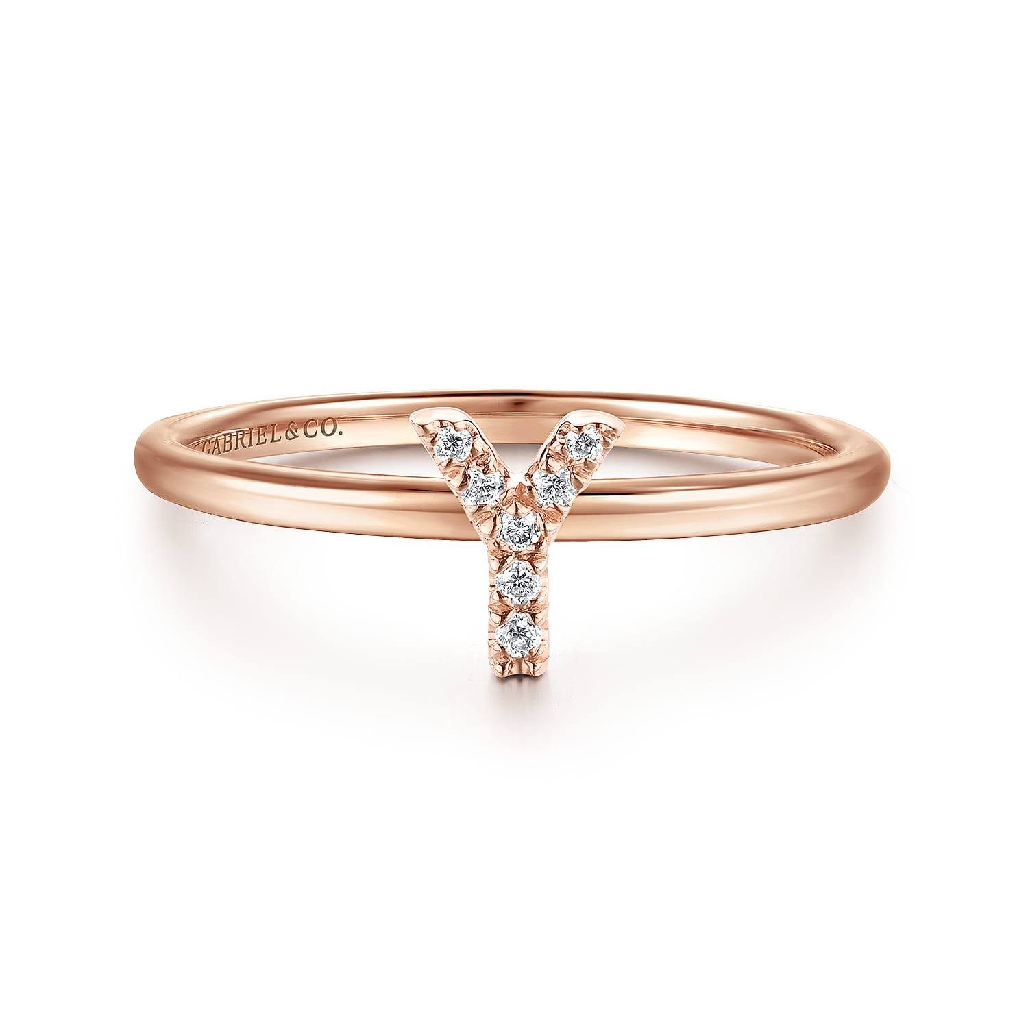 14K Rose Gold Pave Diamond Uppercase Y Initial Ring - 0.04 ct - Shot 1