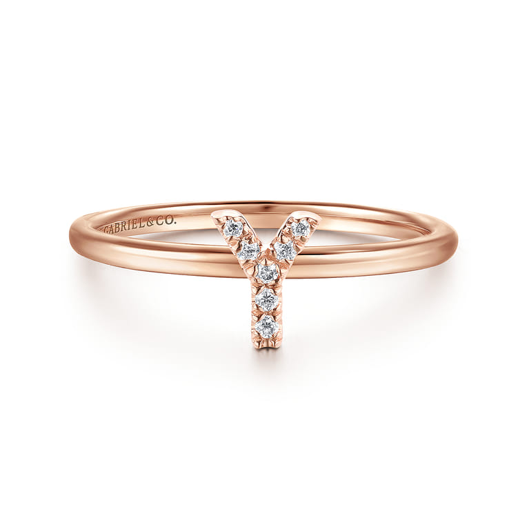 14K Rose Gold Pave Diamond Uppercase Y Initial Ring - 0.04 ct - Shot 1
