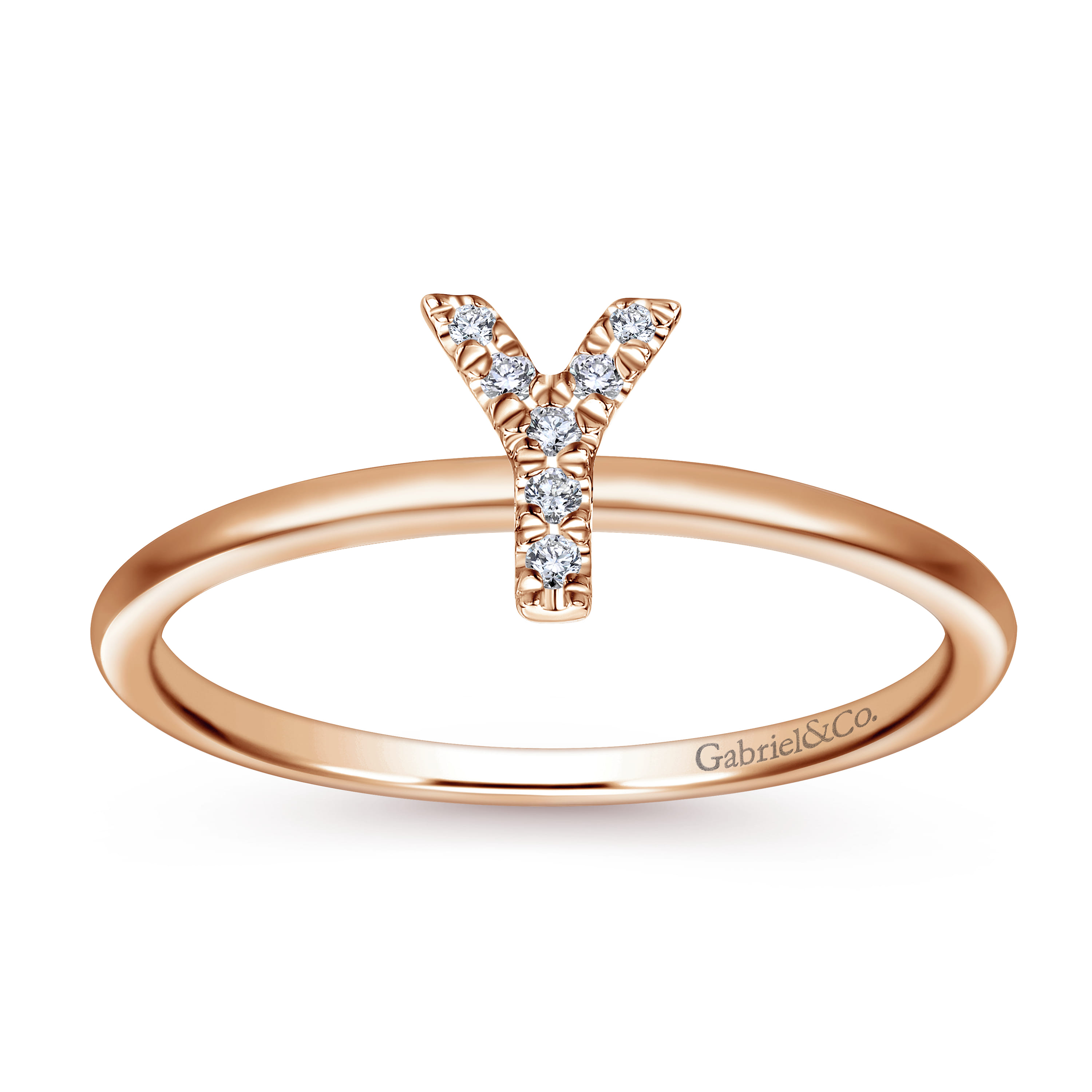14K Rose Gold Pave Diamond Uppercase Y Initial Ring - 0.04 ct - Shot 4