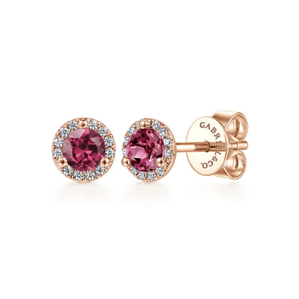 14K Rose Gold Pink Tourmaline  Diamond Halo Stud Earrings