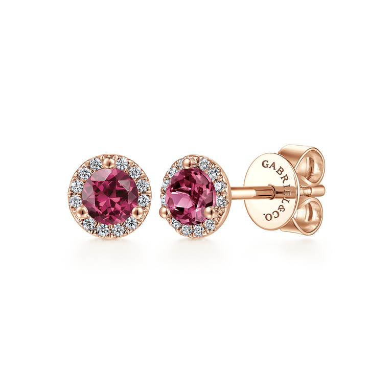 14K Rose Gold Pink Tourmaline  Diamond Halo Stud Earrings - 0.09 ct - Shot 1