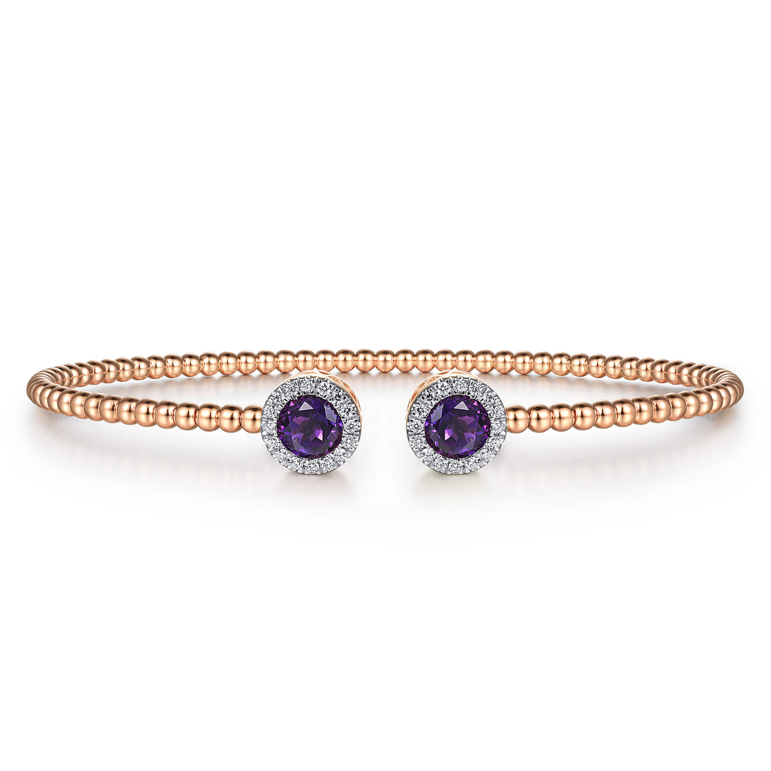 14K Rose Gold Round Amethyst and Diamond Halo Bujukan Bangle - 0.16 ct - Shot 1