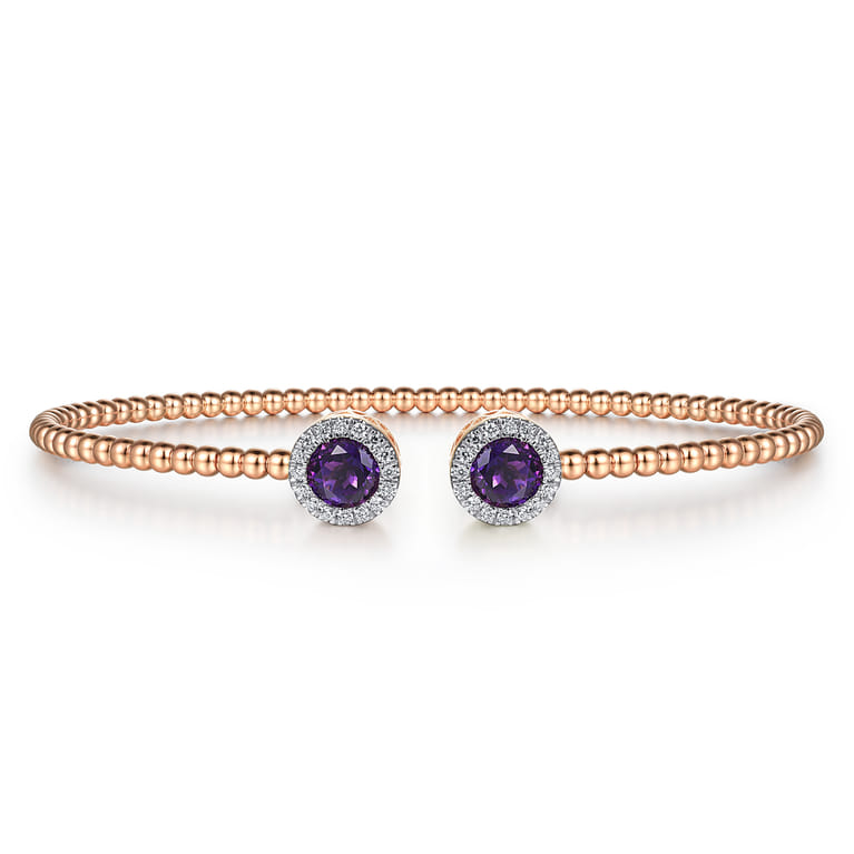 14K Rose Gold Round Amethyst and Diamond Halo Bujukan Bangle - 0.16 ct - Shot 1