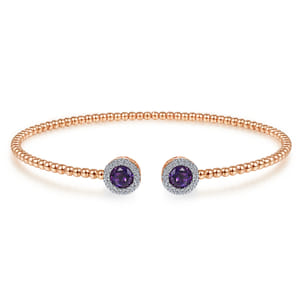14K Rose Gold Round Amethyst and Diamond Halo Bujukan Bangle