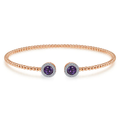 14K Rose Gold Round Amethyst and Diamond Halo Bujukan Bangle