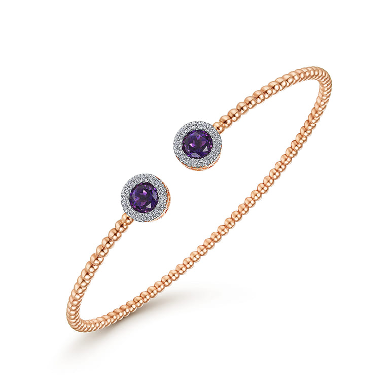 14K Rose Gold Round Amethyst and Diamond Halo Bujukan Bangle - 0.16 ct - Shot 2