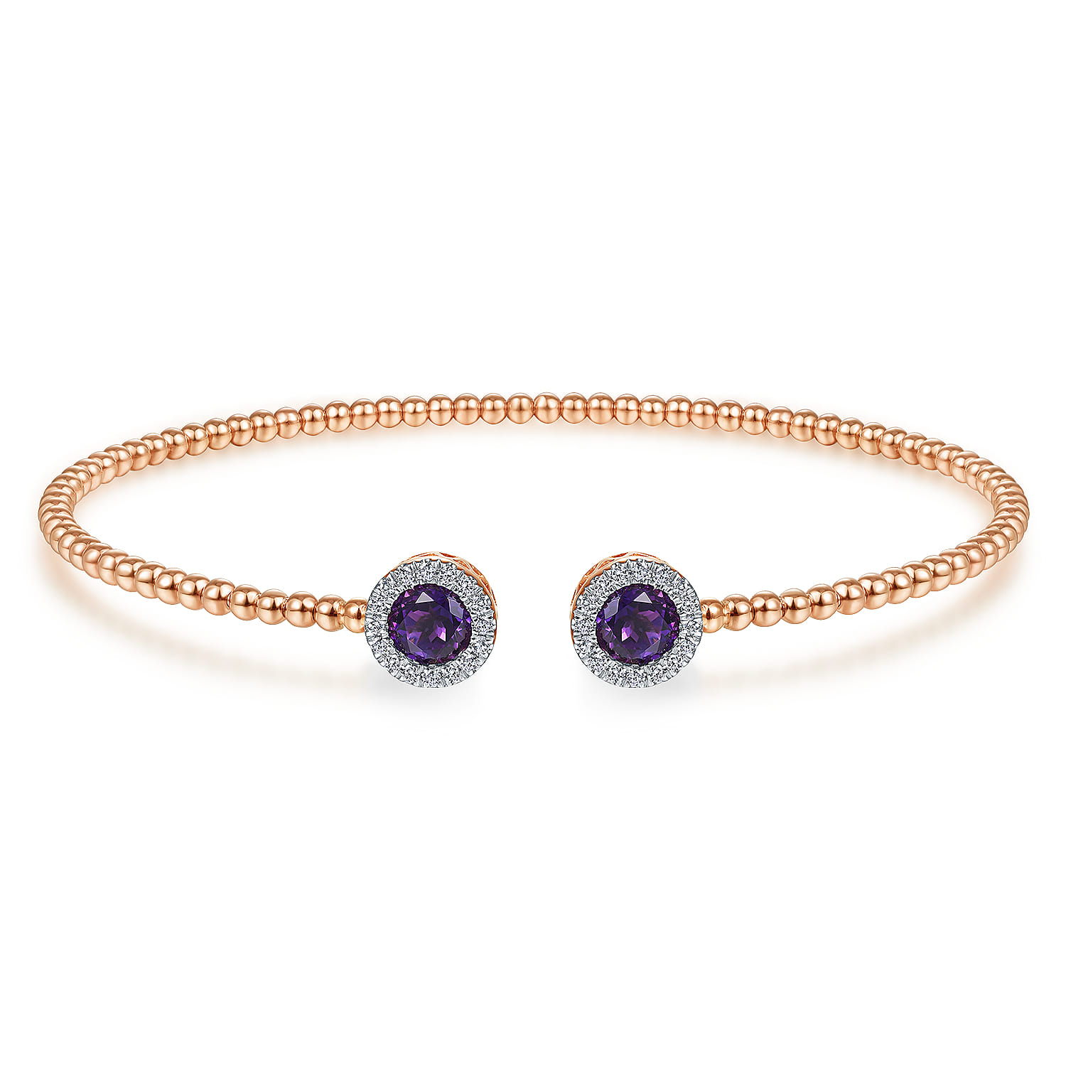 14K Rose Gold Round Amethyst and Diamond Halo Bujukan Bangle - 0.16 ct - Shot 1
