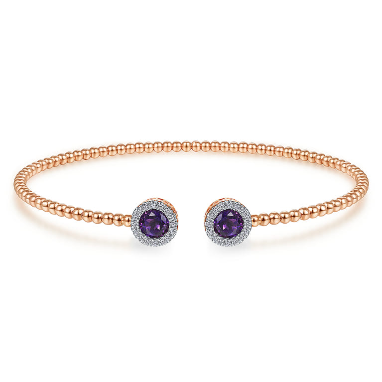 14K Rose Gold Round Amethyst and Diamond Halo Bujukan Bangle - 0.16 ct - Shot 1