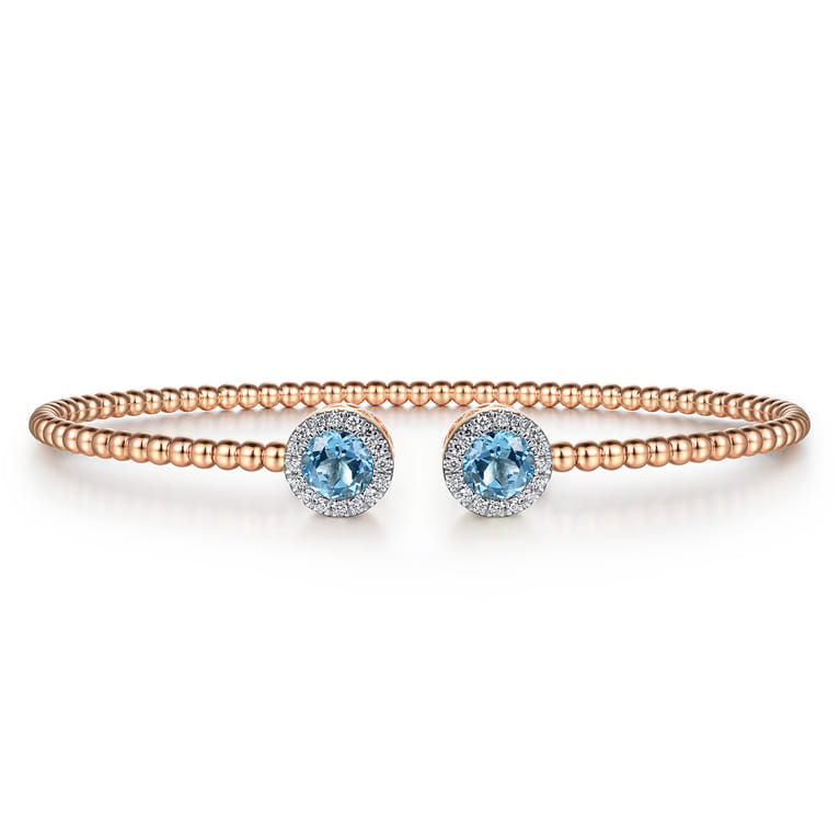 14K Rose Gold Round Blue Topaz and Diamond Halo Bujukan Bangle - 0.16 ct - Shot 1