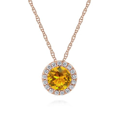 14K Rose Gold Round Citrine and Diamond Halo Pendant Necklace
