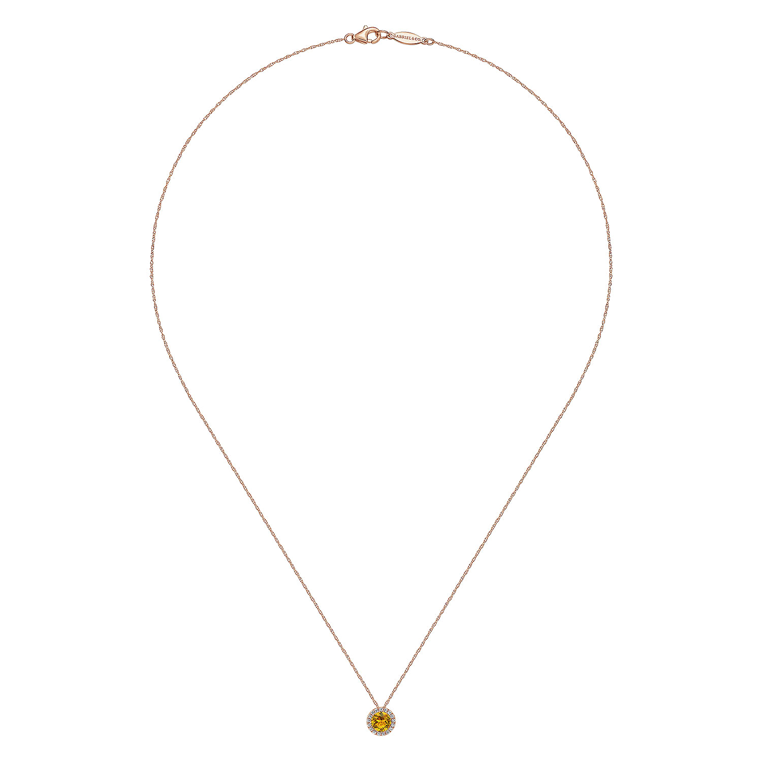 14K Rose Gold Round Citrine and Diamond Halo Pendant Necklace