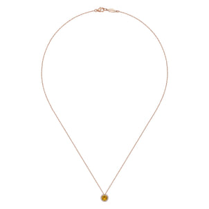 14K Rose Gold Round Citrine and Diamond Halo Pendant Necklace