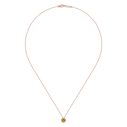 14K Rose Gold Round Citrine and Diamond Halo Pendant Necklace