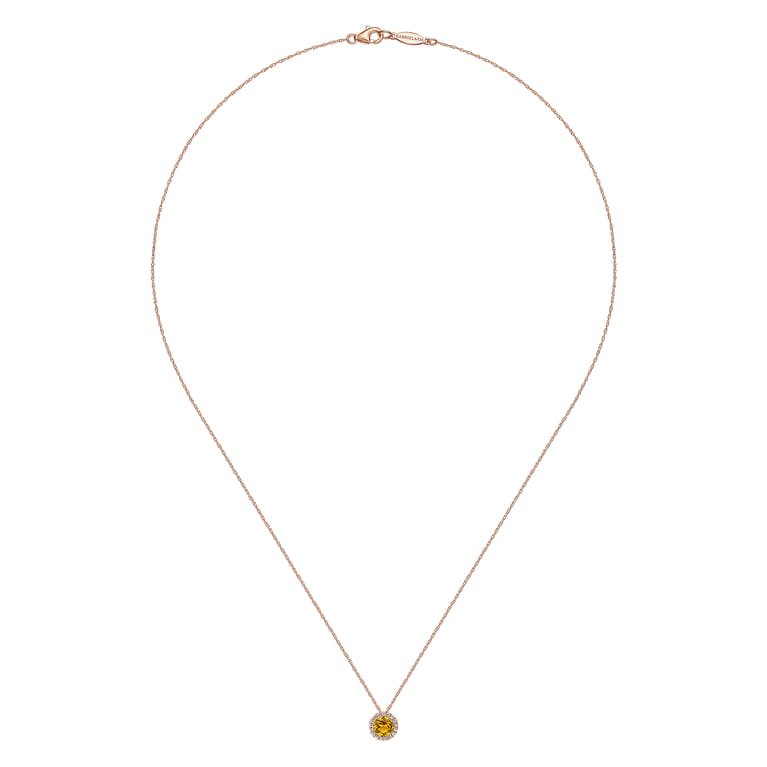 14K Rose Gold Round Citrine and Diamond Halo Pendant Necklace - 0.07 ct - Shot 2
