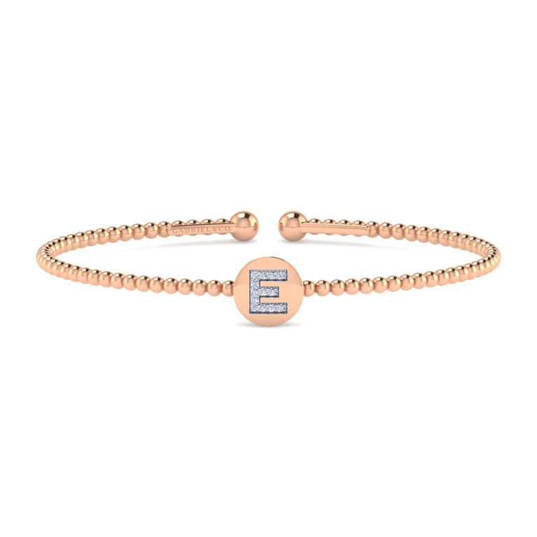 14K Rose Gold Round E Initial Diamond Bujukan Cuff Bracelet - 0.05 ct - Shot 1
