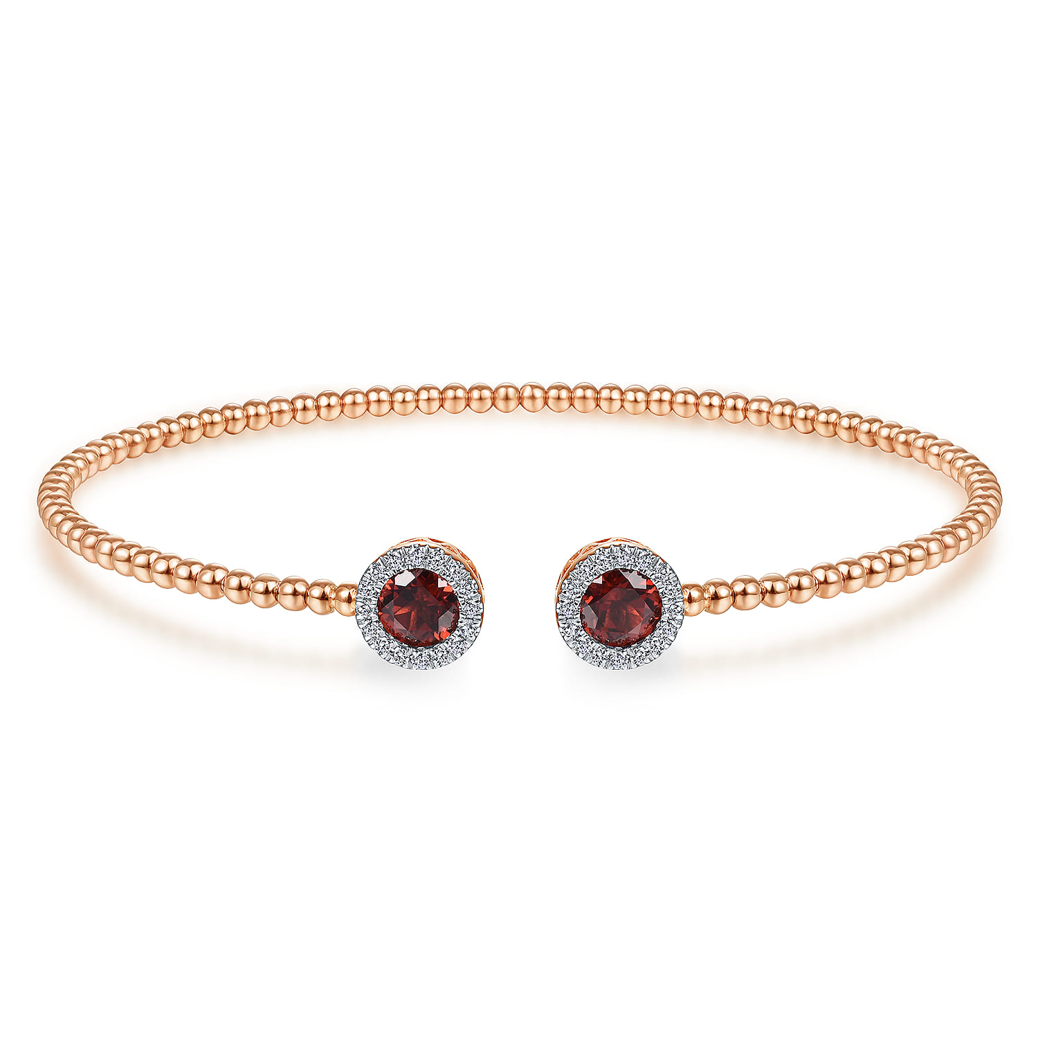 14K Rose Gold Round Garnet and Diamond Halo Bujukan Bangle - 0.16 ct - Shot 1