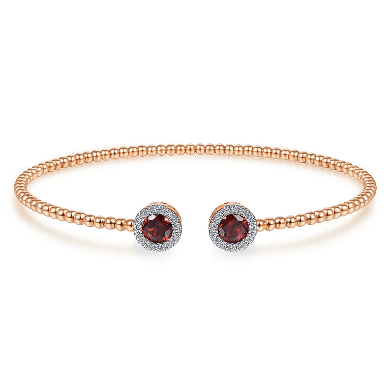 14K Rose Gold Round Garnet and Diamond Halo Bujukan Bangle - 0.16 ct - Shot 1