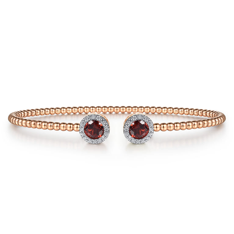 14K Rose Gold Round Garnet and Diamond Halo Bujukan Bangle - 0.16 ct - Shot 1