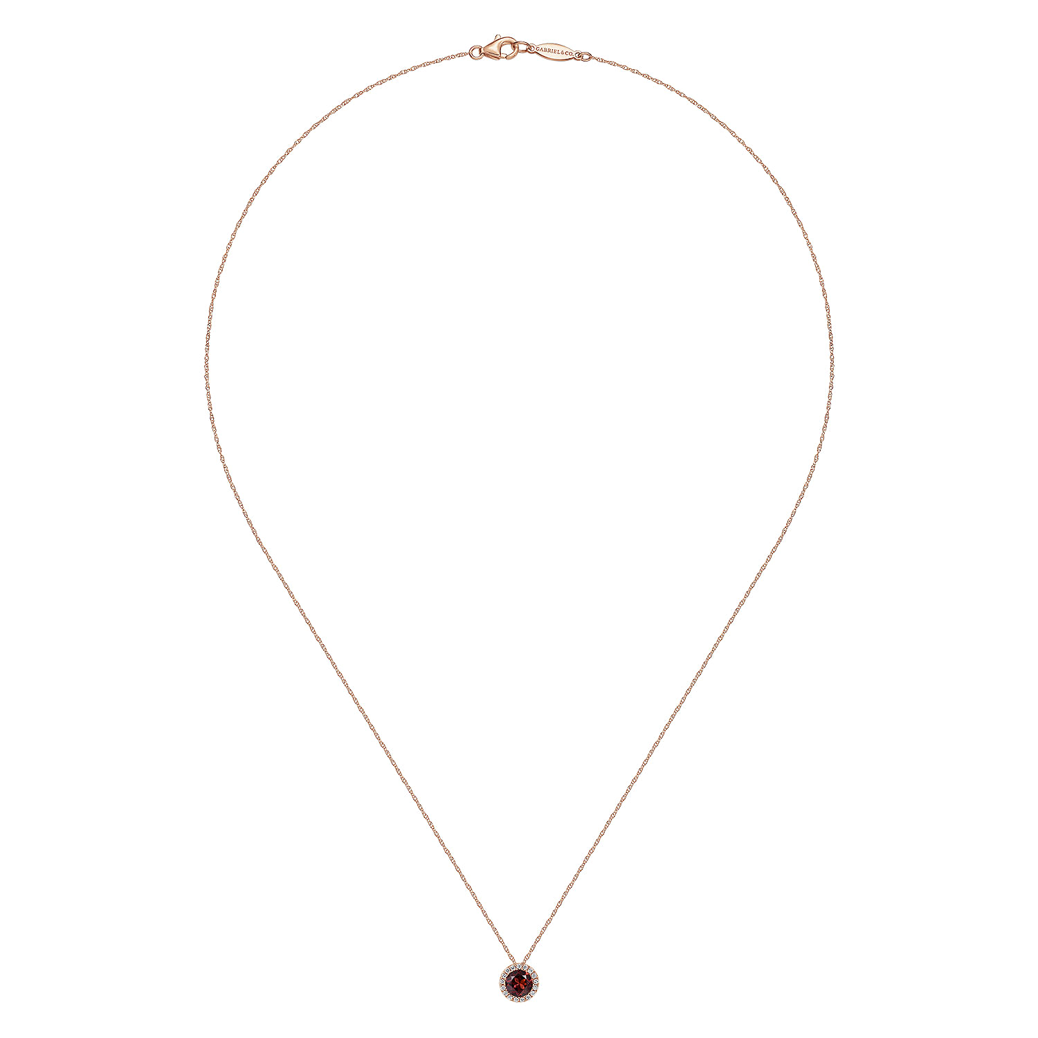 14K Rose Gold Round Garnet and Diamond Halo Pendant Necklace