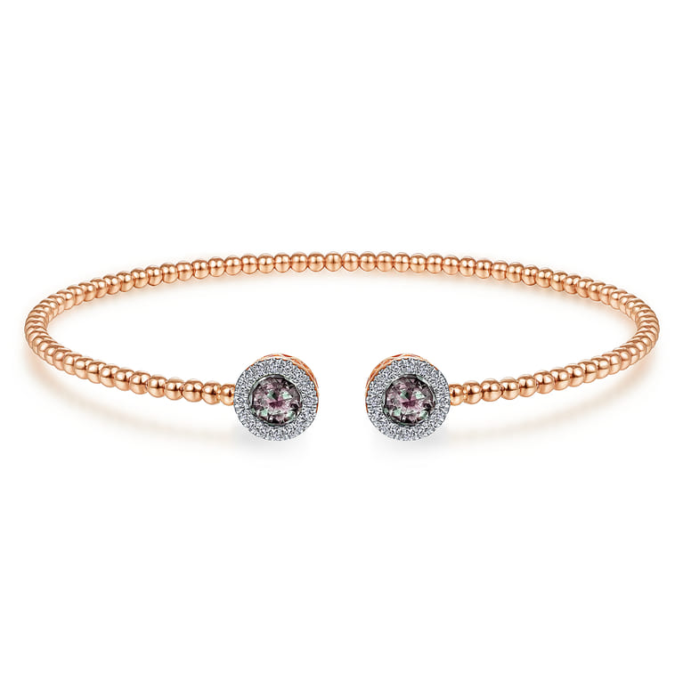 14K Rose Gold Round Manmade Alexandrite and Diamond Halo Bujukan Bangle - 0.16 ct - Shot 1