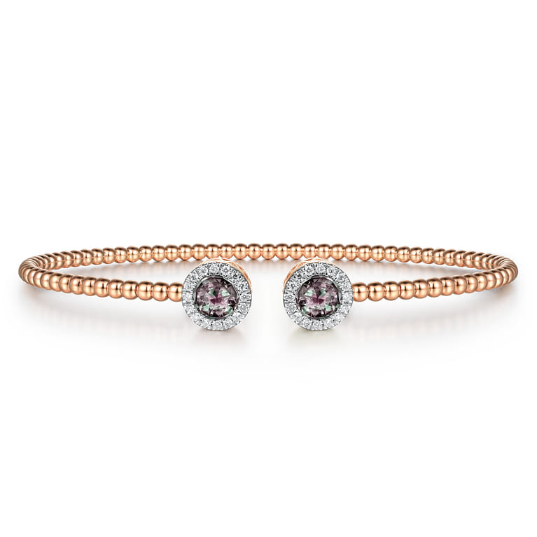14K Rose Gold Round Manmade Alexandrite and Diamond Halo Bujukan Bangle - 0.16 ct - Shot 1