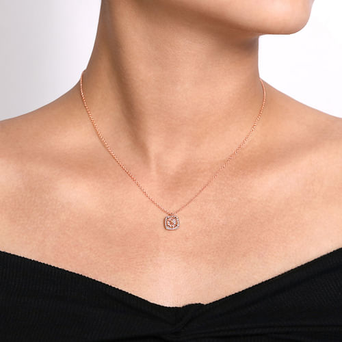 14K Rose Gold Round Morganite and Cushion Diamond Halo Pendant Necklace - 0.16 ct - Shot 3