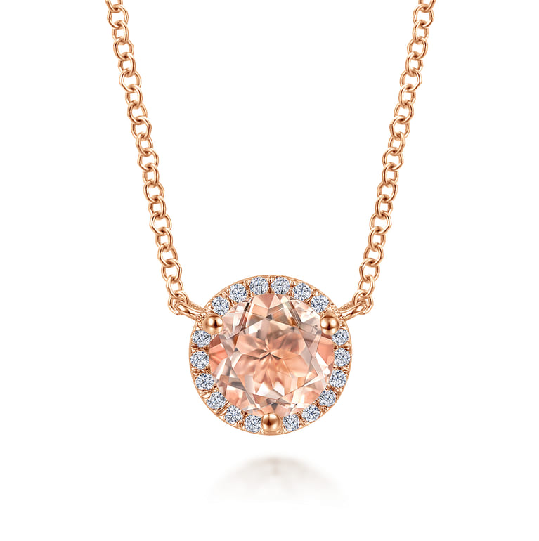14K Rose Gold Round Morganite and Diamond Halo Pendant Necklace - 0.07 ct - Shot 1