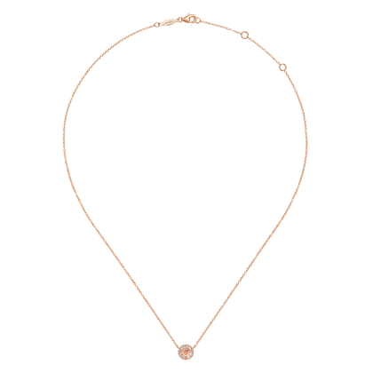 14K Rose Gold Round Morganite and Diamond Halo Pendant Necklace