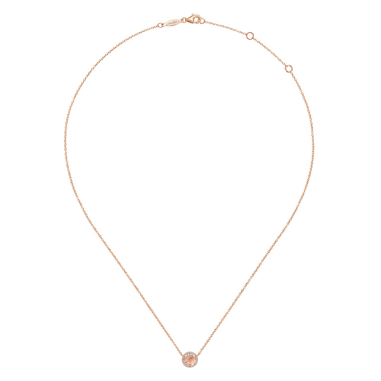 14K Rose Gold Round Morganite and Diamond Halo Pendant Necklace - 0.07 ct - Shot 2