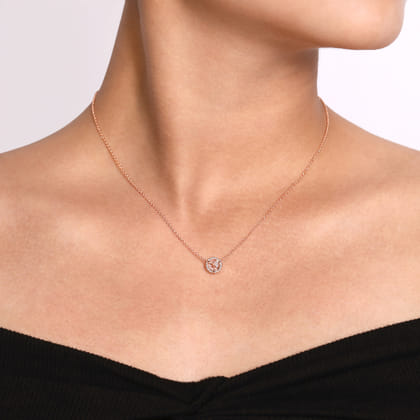 14K Rose Gold Round Morganite and Diamond Halo Pendant Necklace