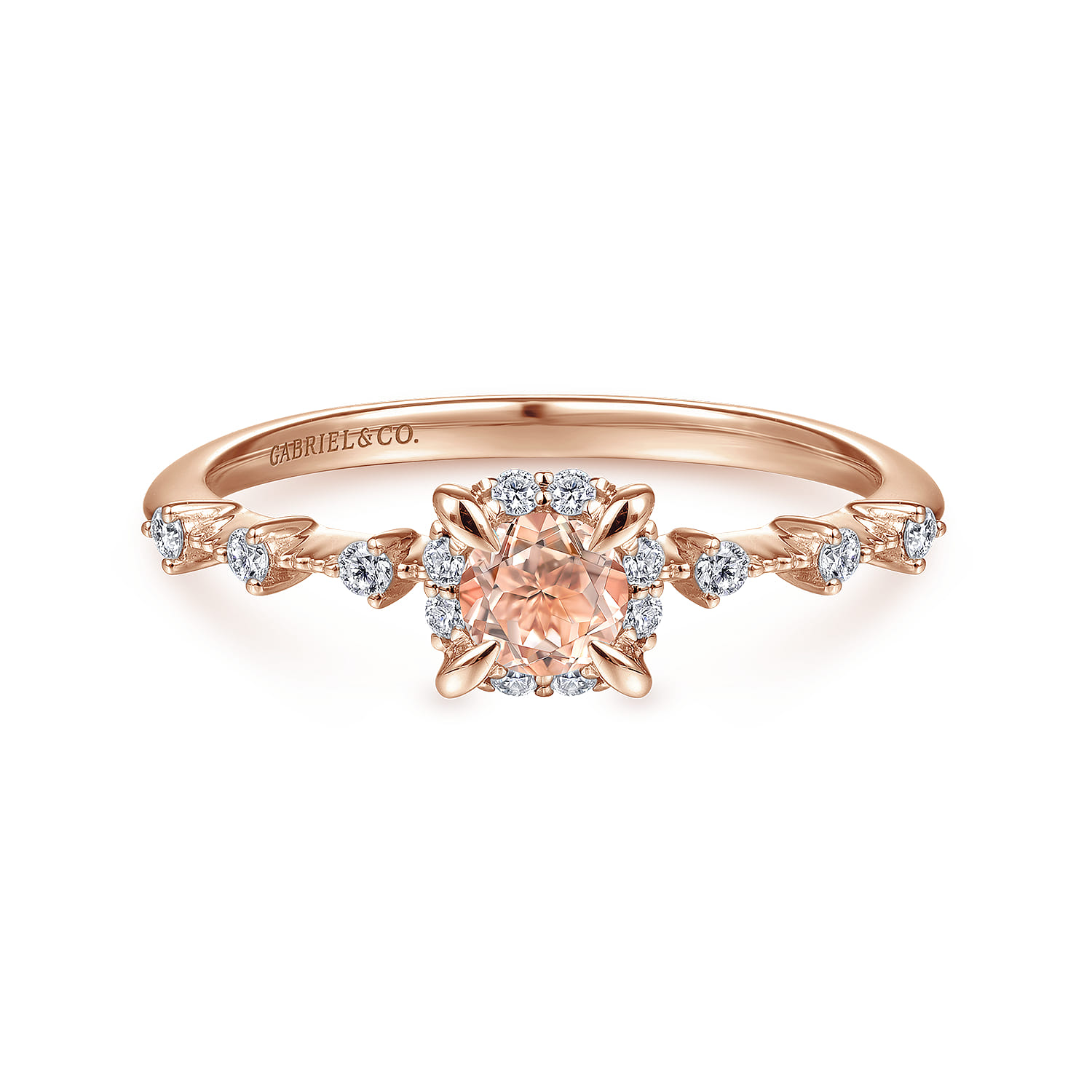 14K Rose Gold Round Morganite and Diamond Halo Ring - 0.12 ct - Shot 1