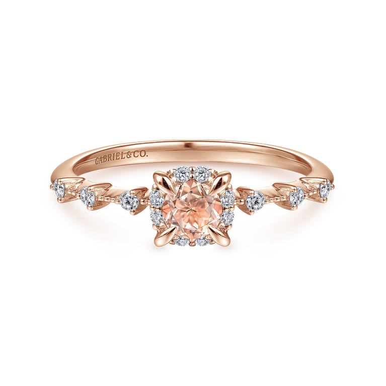 14K Rose Gold Round Morganite and Diamond Halo Ring - 0.12 ct - Shot 1
