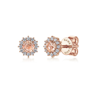 14K Rose Gold Round Morganite and Diamond Stud Earrings