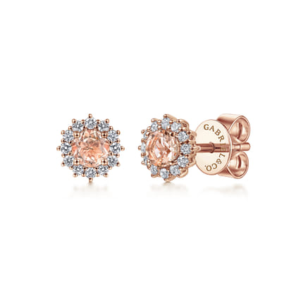 14K Rose Gold Round Morganite and Diamond Stud Earrings