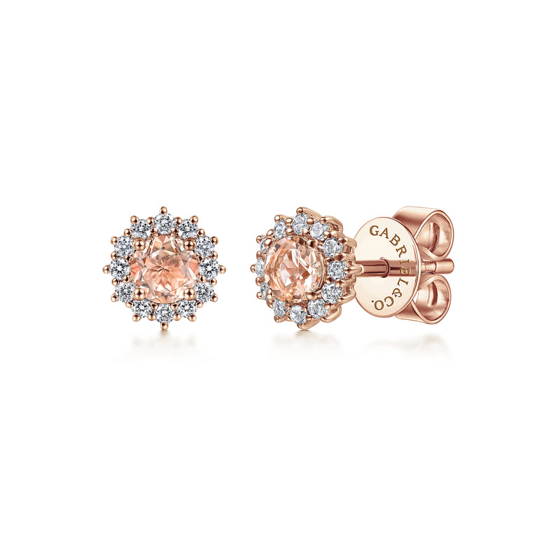 14K Rose Gold Round Morganite and Diamond Stud Earrings - 0.24 ct - Shot 1