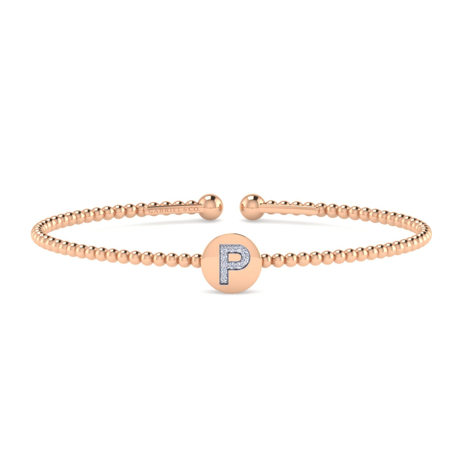 14K Rose Gold Round P Initial Diamond Bujukan Cuff Bracelet - 0.04 ct - Shot 1