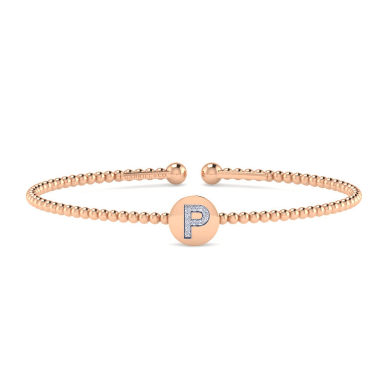14K Rose Gold Round P Initial Diamond Bujukan Cuff Bracelet - 0.04 ct - Shot 1