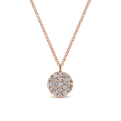 14K Rose Gold Round Pave Diamond Disc Pendant Necklace