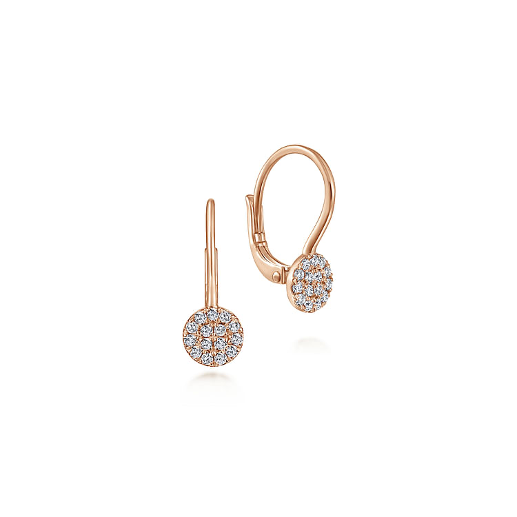 14K Rose Gold Round Pave Diamond Drop Earrings