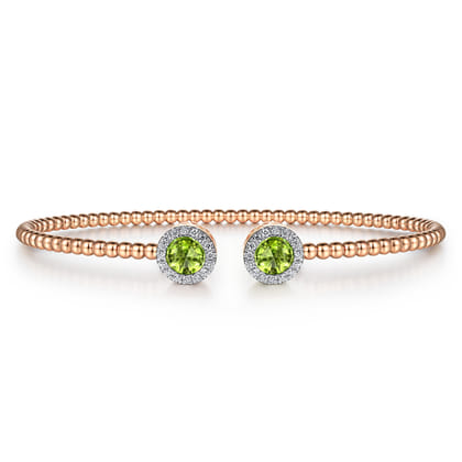 14K Rose Gold Round Peridot and Diamond Halo Bujukan Bangle