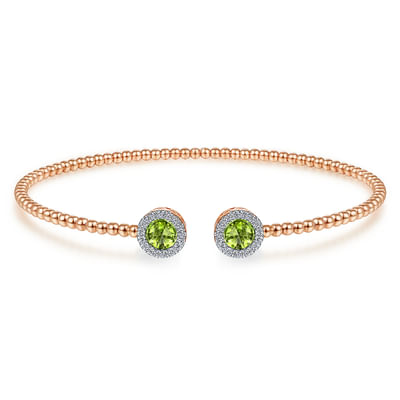 14K Rose Gold Round Peridot and Diamond Halo Bujukan Bangle