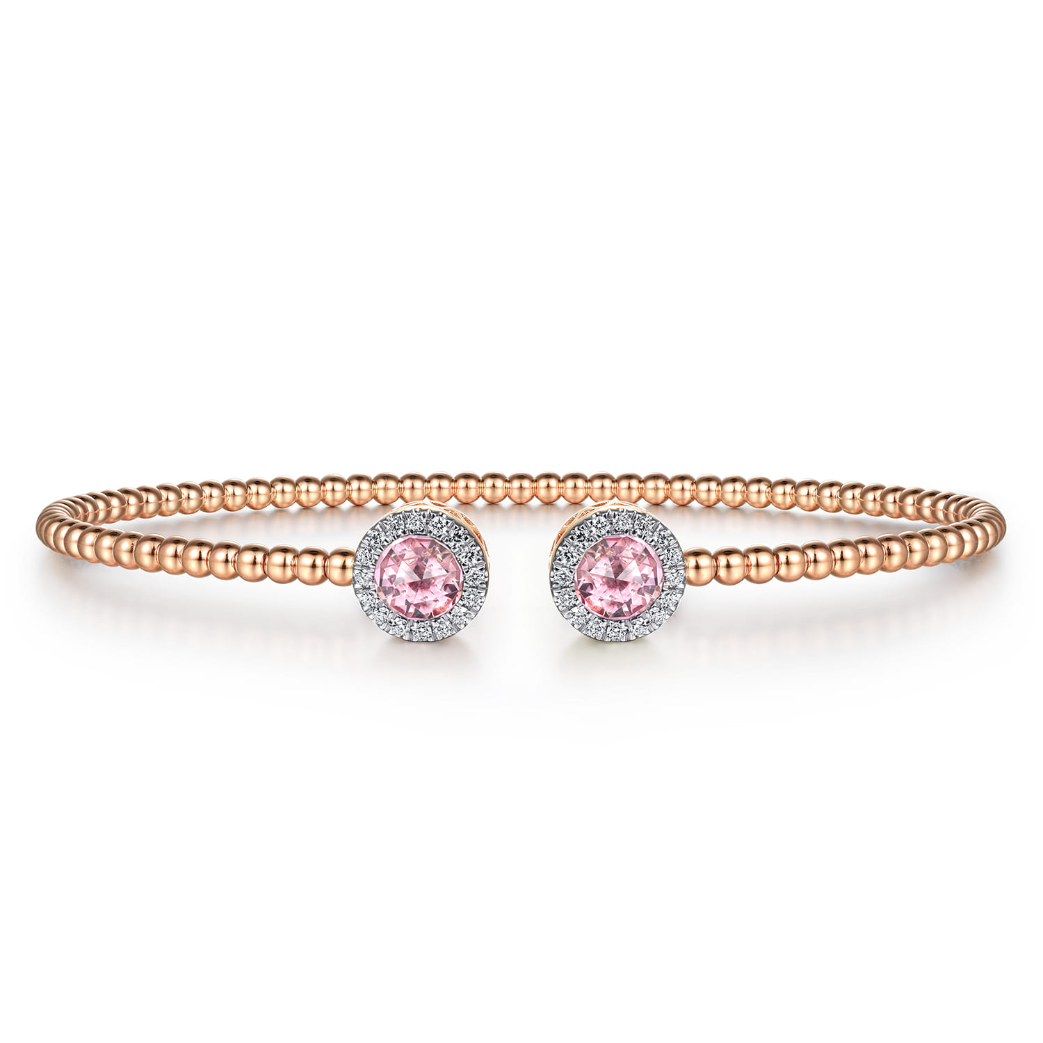 14K Rose Gold Round Pink Cubic Zirconia and Diamond Halo Bujukan Bangle - 0.16 ct - Shot 1