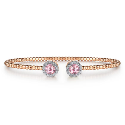 14K Rose Gold Round Pink Cubic Zirconia and Diamond Halo Bujukan Bangle