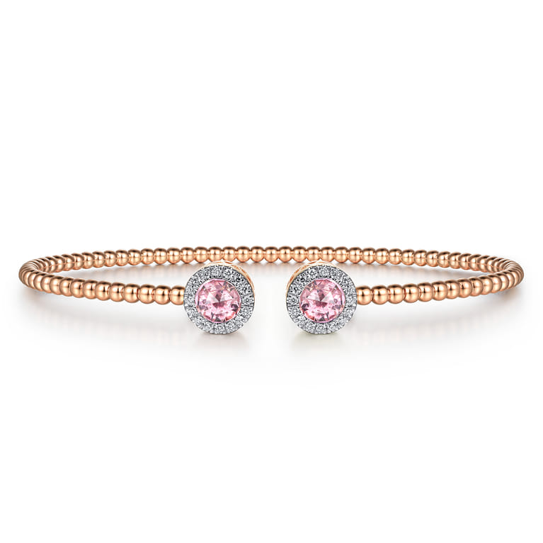 14K Rose Gold Round Pink Cubic Zirconia and Diamond Halo Bujukan Bangle - 0.16 ct - Shot 1