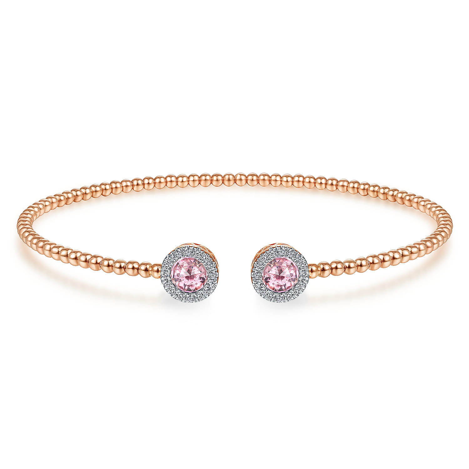 14K Rose Gold Round Pink Cubic Zirconia and Diamond Halo Bujukan Bangle - 0.16 ct - Shot 1