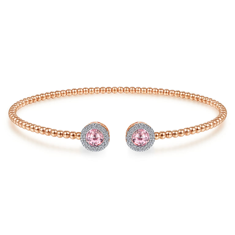 14K Rose Gold Round Pink Cubic Zirconia and Diamond Halo Bujukan Bangle - 0.16 ct - Shot 1