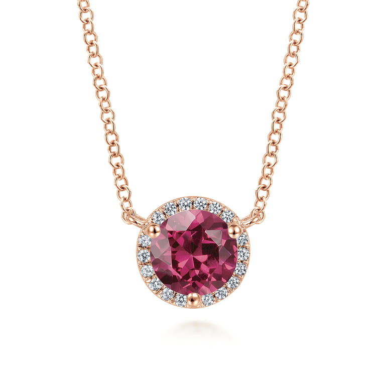 14K Rose Gold Round Pink Tourmaline and Diamond Halo Pendant Necklace - 0.07 ct - Shot 1
