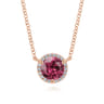 14K Rose Gold Round Pink Tourmaline and Diamond Halo Pendant Necklace - 0.07 ct