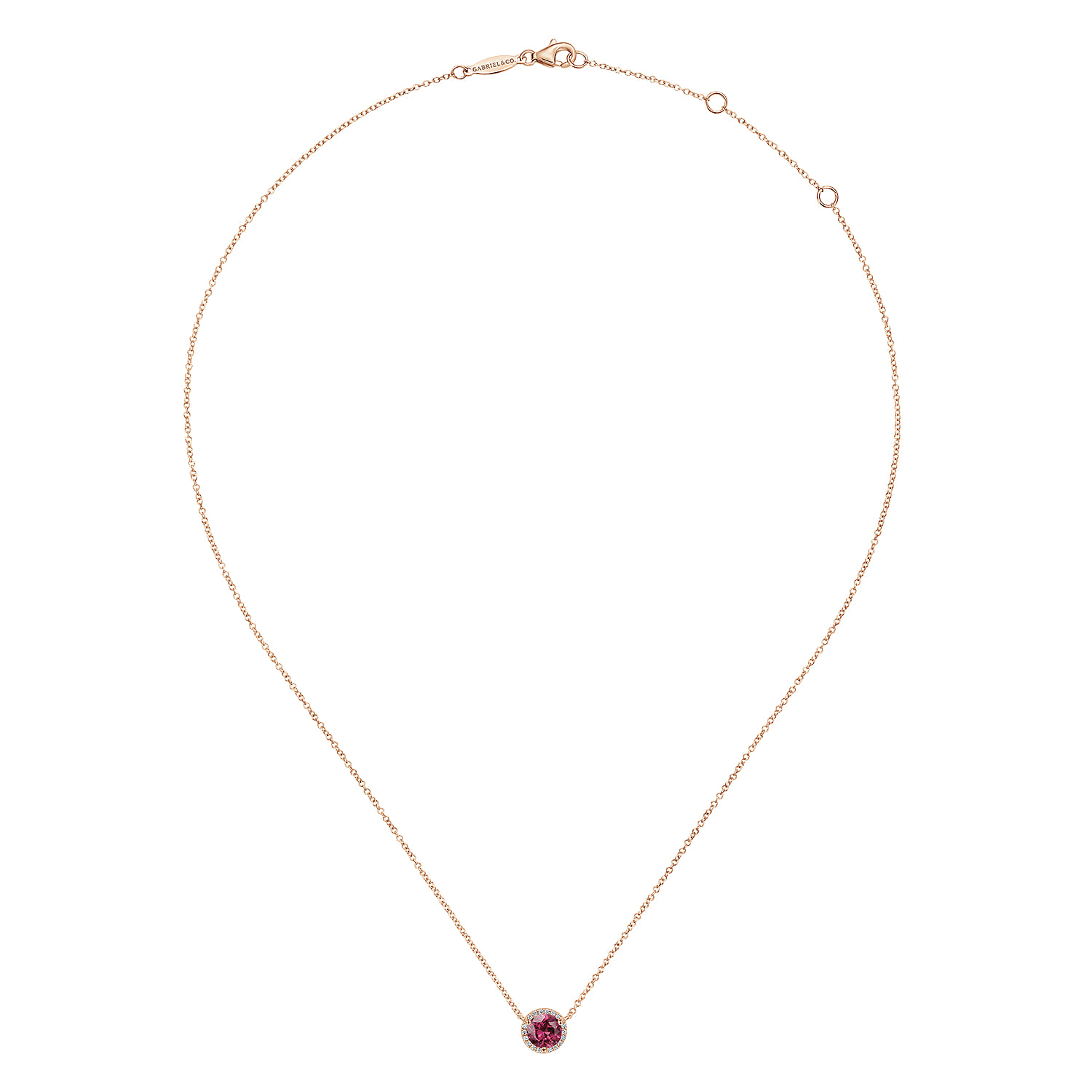 14K Rose Gold Round Pink Tourmaline and Diamond Halo Pendant Necklace