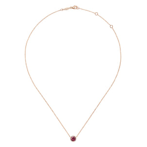 14K Rose Gold Round Pink Tourmaline and Diamond Halo Pendant Necklace